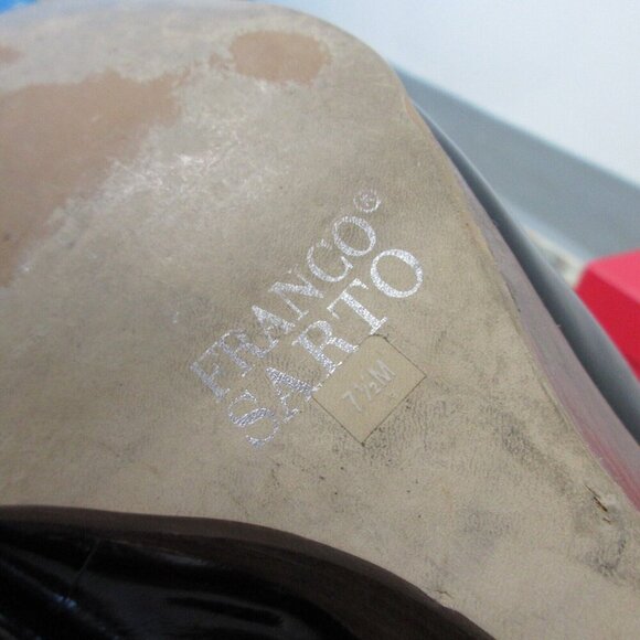 Franco Sarto Square-Toe Wood Heel Sandals Women 7.5 Black Patent Leather y2k 332 - Picture 7 of 12